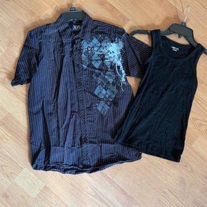 BOYS - 2 pc lot sz 8-10 Med, XC, button down short sleeve & tank, skulls, black
